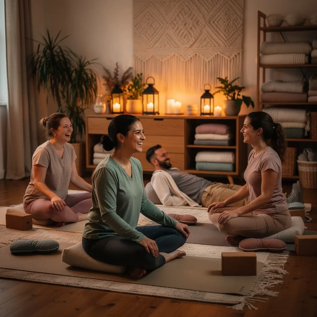 Due praticanti di yoga eseguono una posizione restaurativa con l'ausilio di supporti.