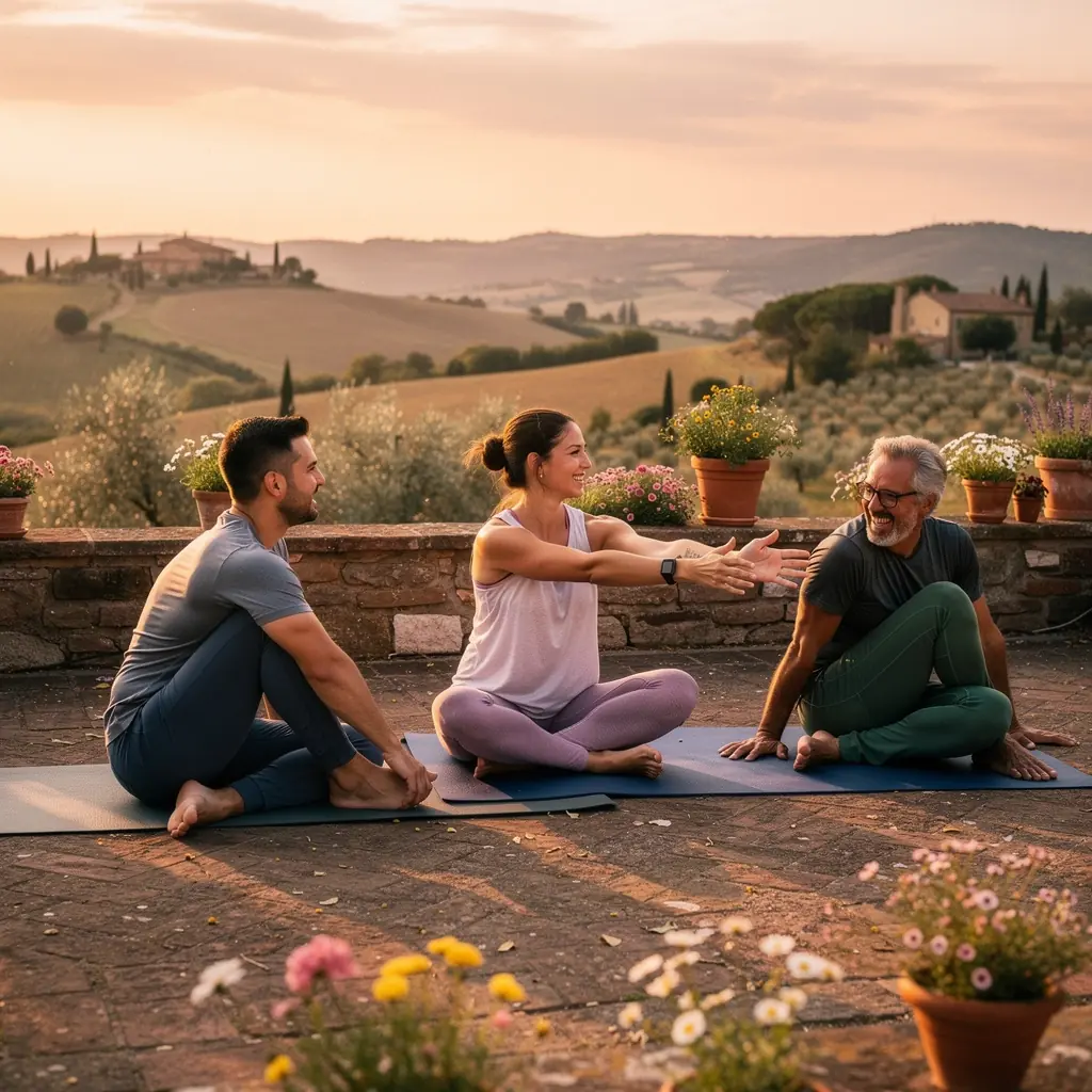 Un insegnante di yoga guida un gruppo in posizioni dolci con l'uso di attrezzi.