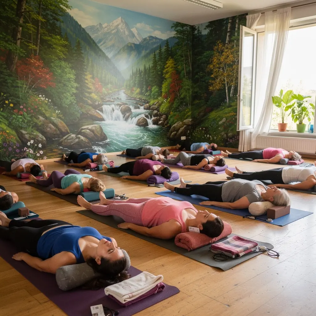 Un gruppo di persone in meditazione profonda, circondati da un'atmosfera rilassante.