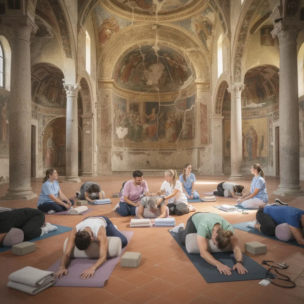 Un set di attrezzi yoga pronti per una sessione serale di rilassamento e recupero.