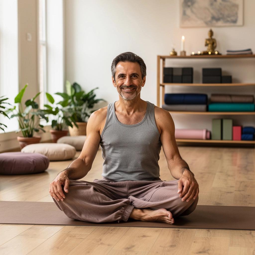 Una lezione di yoga serale in un ambiente tranquillo con candele e cuscini.