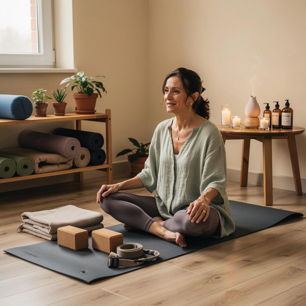 Accessori per yoga disposti ordinatamente su un tappetino in un'atmosfera serena.